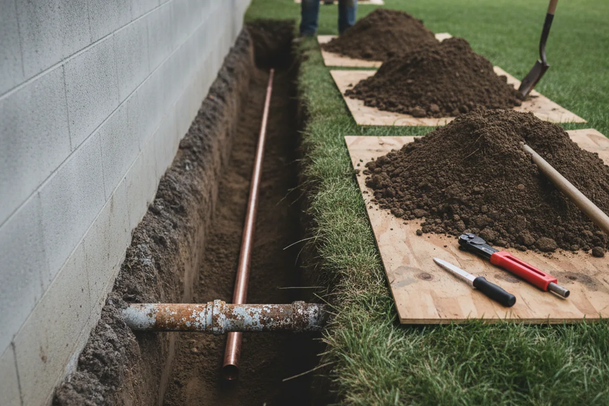 Excavated water line trench during Water Softener Installation in Rochdale